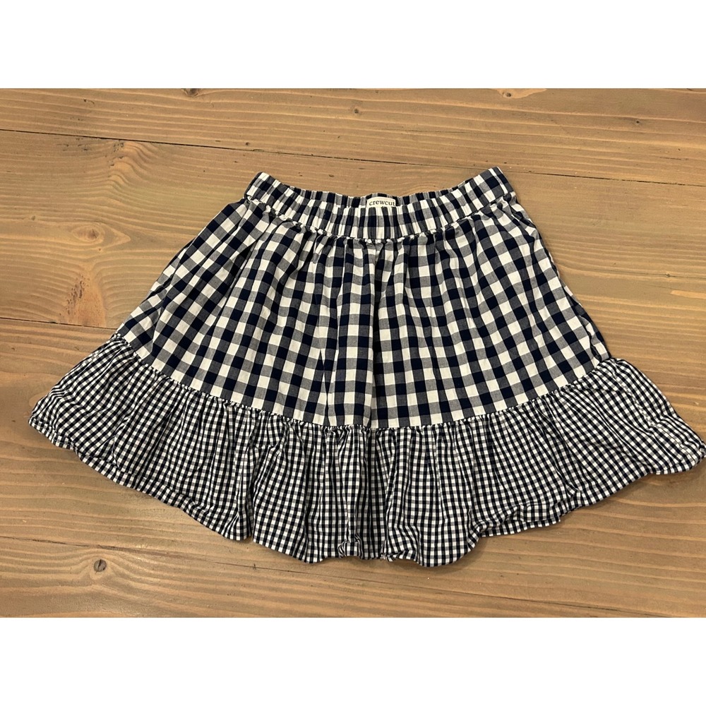 Kk25 Crewcuts J.Crew Girls Navy Blue White Gingham Tiered Ruffle Skirt Size 6-7